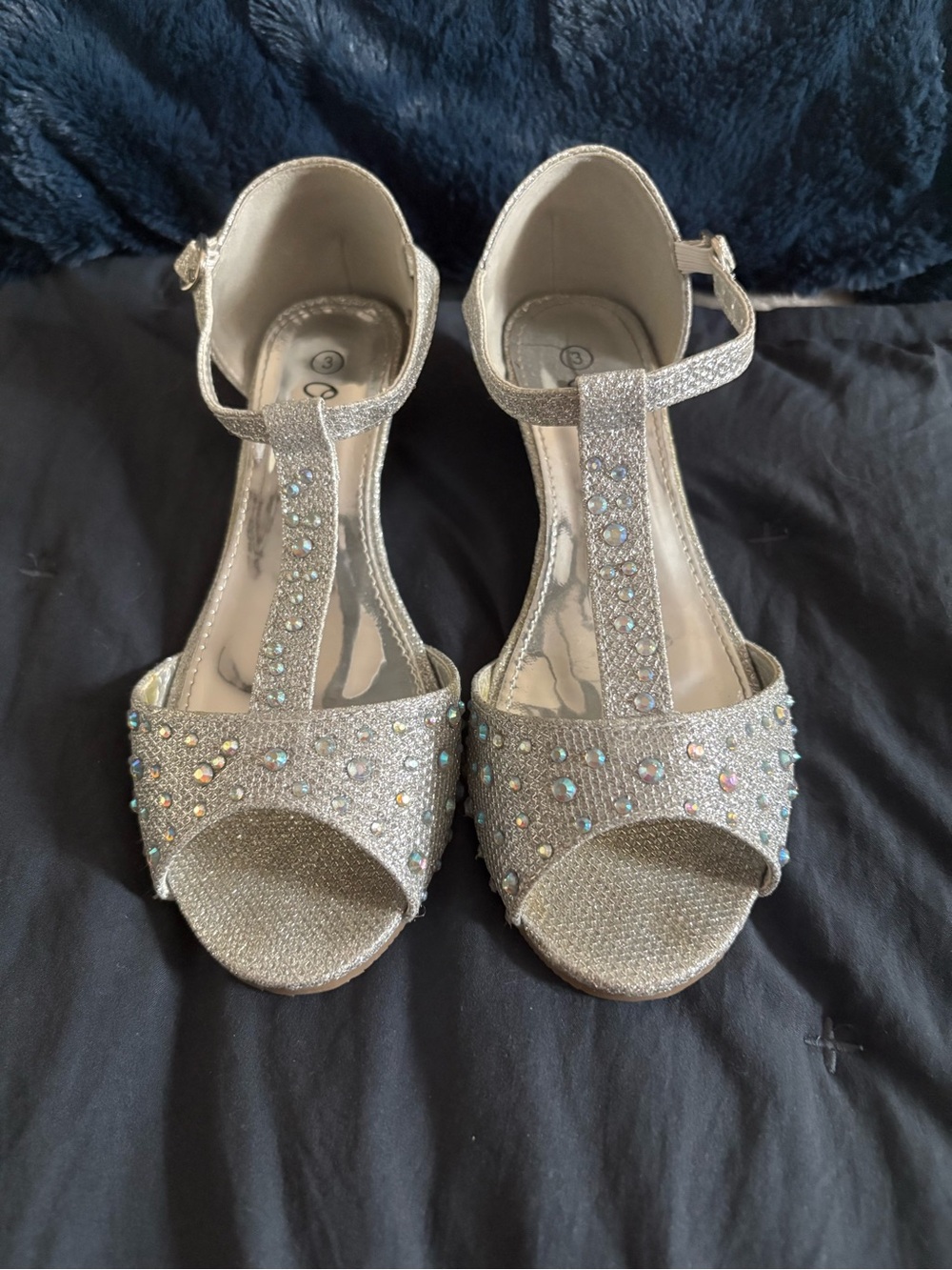 Girls' Silver T-Strap Dress Sandals with Sparkling Rhinestones